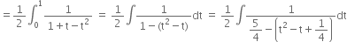 equals 1 half integral subscript 0 superscript 1 fraction numerator 1 over denominator 1 plus straight t minus straight t squared end fraction space equals space 1 half integral fraction numerator 1 over denominator 1 minus left parenthesis straight t squared minus straight t right parenthesis end fraction dt space equals space 1 half integral fraction numerator 1 over denominator begin display style 5 over 4 end style minus open parentheses straight t squared minus straight t plus begin display style 1 fourth end style close parentheses end fraction dt