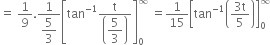 equals space 1 over 9. fraction numerator 1 over denominator begin display style 5 over 3 end style end fraction open square brackets tan to the power of negative 1 end exponent fraction numerator straight t over denominator open parentheses begin display style 5 over 3 end style close parentheses end fraction close square brackets subscript 0 superscript infinity space equals 1 over 15 open square brackets tan to the power of negative 1 end exponent open parentheses fraction numerator 3 straight t over denominator 5 end fraction close parentheses close square brackets subscript 0 superscript infinity