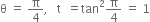 straight theta space equals space straight pi over 4 comma space space space straight t space space equals tan squared straight pi over 4 space equals space 1