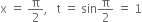 straight x space equals space straight pi over 2 comma space space space straight t space equals space sin straight pi over 2 space equals space 1