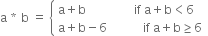 straight a space asterisk times space straight b space equals space open curly brackets table attributes columnalign left end attributes row cell straight a plus straight b space space space space space space space space space space space space space space space space if space straight a plus straight b less than 6 end cell row cell straight a plus straight b minus 6 space space space space space space space space space space space space if space straight a plus straight b greater or equal than 6 end cell end table close