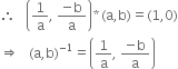 therefore space space space open parentheses 1 over straight a comma space fraction numerator negative straight b over denominator straight a end fraction close parentheses asterisk times left parenthesis straight a comma straight b right parenthesis equals left parenthesis 1 comma 0 right parenthesis
rightwards double arrow space space space left parenthesis straight a comma straight b right parenthesis to the power of negative 1 end exponent equals open parentheses 1 over straight a comma space fraction numerator negative straight b over denominator straight a end fraction close parentheses