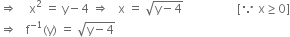 rightwards double arrow space space space space straight x squared space equals space straight y minus 4 space rightwards double arrow space space space straight x space equals space square root of straight y minus 4 end root space space space space space space space space space space space space space space space space space space left square bracket because space straight x greater or equal than 0 right square bracket
rightwards double arrow space space space straight f to the power of negative 1 end exponent left parenthesis straight y right parenthesis space equals space square root of straight y minus 4 end root