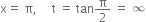 straight x equals space straight pi comma space space space space space straight t space equals space tan straight pi over 2 space equals space infinity