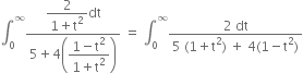 integral subscript 0 superscript infinity fraction numerator begin display style fraction numerator 2 over denominator 1 plus straight t squared end fraction end style dt over denominator 5 plus 4 open parentheses begin display style fraction numerator 1 minus straight t squared over denominator 1 plus straight t squared end fraction end style close parentheses end fraction space equals space integral subscript 0 superscript infinity fraction numerator 2 space dt over denominator 5 space left parenthesis 1 plus straight t squared right parenthesis space plus space 4 left parenthesis 1 minus straight t squared right parenthesis end fraction