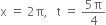 straight x space equals space 2 straight pi comma space space space straight t space equals space fraction numerator 5 straight pi over denominator 4 end fraction