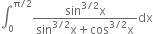 integral subscript 0 superscript straight pi divided by 2 end superscript fraction numerator sin to the power of 3 divided by 2 end exponent straight x over denominator sin to the power of 3 divided by 2 end exponent straight x plus cos to the power of 3 divided by 2 end exponent straight x end fraction dx