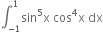 integral subscript negative 1 end subscript superscript 1 sin to the power of 5 straight x space cos to the power of 4 straight x space dx