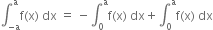 integral subscript negative straight a end subscript superscript straight a straight f left parenthesis straight x right parenthesis space dx space equals space minus integral subscript 0 superscript straight a straight f left parenthesis straight x right parenthesis space dx plus integral subscript 0 superscript straight a straight f left parenthesis straight x right parenthesis space dx