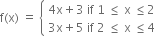 straight f left parenthesis straight x right parenthesis space equals space open curly brackets table attributes columnalign left end attributes row cell 4 straight x plus 3 space if space 1 space less or equal than space straight x space less or equal than 2 end cell row cell 3 straight x plus 5 space if space 2 space less or equal than space straight x space less or equal than 4 end cell end table close