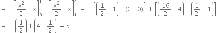 equals negative open square brackets straight x squared over 2 minus straight x close square brackets subscript 0 superscript 1 plus open square brackets straight x squared over 2 minus straight x close square brackets subscript 1 superscript 4 space equals space minus open square brackets open parentheses 1 half minus 1 close parentheses minus left parenthesis 0 minus 0 right parenthesis close square brackets space plus space open square brackets open parentheses 16 over 2 minus 4 close parentheses minus open parentheses 1 half minus 1 close parentheses close square brackets
equals space minus open parentheses 1 half close parentheses plus open parentheses 4 plus 1 half close parentheses space equals space 5