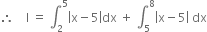 therefore space space space space straight I space equals space integral subscript 2 superscript 5 open vertical bar straight x minus 5 close vertical bar dx space plus space integral subscript 5 superscript 8 open vertical bar straight x minus 5 close vertical bar space dx