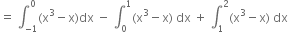 equals space integral subscript negative 1 end subscript superscript 0 left parenthesis straight x cubed minus straight x right parenthesis dx space minus space integral subscript 0 superscript 1 left parenthesis straight x cubed minus straight x right parenthesis space dx space plus space integral subscript 1 superscript 2 left parenthesis straight x cubed minus straight x right parenthesis space dx