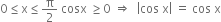 0 less or equal than straight x less or equal than straight pi over 2 space cosx space greater or equal than 0 space rightwards double arrow space space open vertical bar cos space straight x close vertical bar space equals space cos space straight x