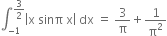 integral subscript negative 1 end subscript superscript 3 over 2 end superscript open vertical bar straight x space sinπ space straight x close vertical bar space dx space equals space 3 over straight pi plus 1 over straight pi squared