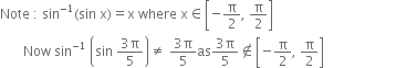 Note space colon space sin to the power of negative 1 end exponent left parenthesis sin space straight x right parenthesis equals straight x space where space straight x element of open square brackets negative straight pi over 2 comma space straight pi over 2 close square brackets
space space space space space space space Now space sin to the power of negative 1 end exponent space open parentheses sin space fraction numerator 3 straight pi over denominator 5 end fraction close parentheses not equal to space fraction numerator 3 straight pi over denominator 5 end fraction as fraction numerator 3 straight pi over denominator 5 end fraction not an element of open square brackets negative straight pi over 2 comma space straight pi over 2 close square brackets space space space space space space space space space space space space space space space space space space space space space space space space space space space space