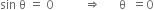 sin space straight theta space equals space 0 space space space space space space space space space space rightwards double arrow space space space space space space straight theta space space equals 0