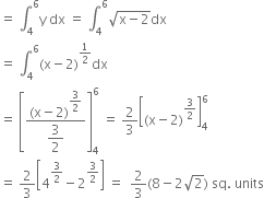 equals space integral subscript 4 superscript 6 straight y space dx space equals space integral subscript 4 superscript 6 square root of straight x minus 2 end root dx
equals space integral subscript 4 superscript 6 left parenthesis straight x minus 2 right parenthesis to the power of 1 half end exponent dx
equals space open square brackets fraction numerator left parenthesis straight x minus 2 right parenthesis to the power of begin display style 3 over 2 end style end exponent over denominator begin display style 3 over 2 end style end fraction close square brackets subscript 4 superscript 6 space equals space 2 over 3 open square brackets left parenthesis straight x minus 2 right parenthesis to the power of 3 over 2 end exponent close square brackets subscript 4 superscript 6
equals space 2 over 3 open square brackets 4 to the power of 3 over 2 end exponent minus 2 to the power of 3 over 2 end exponent close square brackets space equals space space 2 over 3 left parenthesis 8 minus 2 square root of 2 right parenthesis space sq. space units