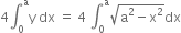 4 integral subscript 0 superscript straight a straight y space dx space equals space 4 space integral subscript 0 superscript straight a square root of straight a squared minus straight x squared end root dx