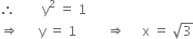 therefore space space space space space space space space straight y squared space equals space 1
rightwards double arrow space space space space space space straight y space equals space 1 space space space space space space space space space rightwards double arrow space space space space space straight x space equals space square root of 3