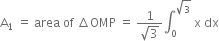 straight A subscript 1 space equals space area space of space increment OMP space equals space fraction numerator 1 over denominator square root of 3 end fraction integral subscript 0 superscript square root of 3 end superscript space straight x space dx