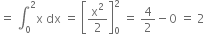 equals space integral subscript 0 superscript 2 straight x space dx space equals space open square brackets straight x squared over 2 close square brackets subscript 0 superscript 2 space equals space 4 over 2 minus 0 space equals space 2