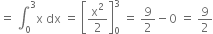 equals space integral subscript 0 superscript 3 straight x space dx space equals space open square brackets straight x squared over 2 close square brackets subscript 0 superscript 3 space equals space 9 over 2 minus 0 space equals space 9 over 2