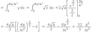 equals space integral subscript 0 superscript 4 straight a divided by straight m squared end superscript straight y space dx space equals space integral subscript 0 superscript 4 straight a divided by straight m squared end superscript square root of straight x space dx space equals 2 square root of straight a open square brackets fraction numerator straight x to the power of begin display style 3 over 2 end style end exponent over denominator begin display style 3 over 2 end style end fraction close square brackets subscript 0 superscript fraction numerator 4 straight a over denominator straight m squared end fraction end superscript
equals space fraction numerator 4 square root of straight a over denominator 3 end fraction open square brackets open parentheses fraction numerator 4 straight a over denominator straight m squared end fraction close parentheses to the power of 3 over 2 end exponent minus 0 close square brackets space space equals space fraction numerator 4 square root of straight a over denominator 3 end fraction cross times fraction numerator 8 straight a to the power of begin display style 3 over 2 end style end exponent over denominator straight m cubed end fraction space equals space 32 over 3 straight a squared over straight m cubed