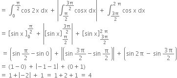 equals space integral subscript 0 superscript straight pi over 2 end superscript cos space 2 straight x space dx space plus space open vertical bar integral subscript straight pi over 2 end subscript superscript fraction numerator 3 straight pi over denominator 2 end fraction end superscript cosx space dx close vertical bar space plus space integral subscript fraction numerator 3 straight pi over denominator 2 end fraction end subscript superscript 2 space straight pi end superscript space cos space straight x space dx
equals space open square brackets sin space straight x space close square brackets subscript 0 superscript straight pi over 2 end superscript space plus space open vertical bar open square brackets sin space straight x close square brackets subscript straight pi over 2 end subscript superscript fraction numerator 3 straight pi over denominator 2 end fraction end superscript close vertical bar space plus space open square brackets sin space straight x close square brackets subscript fraction numerator 3 straight pi over denominator 2 end fraction end subscript superscript 2 space straight pi end superscript
space equals space open parentheses sin space straight pi over 2 minus sin space 0 close parentheses space plus space open vertical bar open parentheses sin space fraction numerator 3 straight pi over denominator 2 end fraction minus sin space straight pi over 2 close parentheses close vertical bar space plus space open parentheses sin space 2 straight pi space minus space sin space fraction numerator 3 straight pi over denominator 2 end fraction close parentheses
equals space left parenthesis 1 minus 0 right parenthesis space plus space open vertical bar negative 1 minus 1 close vertical bar space plus space left parenthesis 0 plus 1 right parenthesis
equals space 1 plus open vertical bar negative 2 close vertical bar space plus space 1 space equals space 1 plus 2 plus 1 space equals space 4