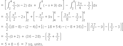 equals space open square brackets integral subscript 2 superscript 4 5 over 2 left parenthesis straight x minus 2 right parenthesis space dx space plus space integral subscript 4 superscript 6 left parenthesis negative straight x plus 9 right parenthesis space dx close square brackets space minus space integral subscript 2 superscript 6 open parentheses fraction numerator 3 straight x over denominator 4 end fraction minus 3 over 2 close parentheses dx
equals space 5 over 2 open square brackets straight x squared over 2 minus 2 straight x close square brackets subscript 2 superscript 4 space plus open square brackets negative straight x squared over 2 plus 9 straight x close square brackets subscript 4 superscript 6 space minus space open square brackets fraction numerator 3 straight x squared over denominator 8 end fraction minus 3 over 2 straight x close square brackets subscript 2 superscript 6
equals space 5 over 2 open square brackets left parenthesis 8 minus 8 right parenthesis minus left parenthesis 2 minus 4 right parenthesis close square brackets plus open square brackets left parenthesis negative 18 plus 54 right parenthesis minus left parenthesis negative 8 plus 36 right parenthesis close square brackets minus open square brackets open parentheses 27 over 2 minus 9 close parentheses minus open parentheses 3 over 2 minus 3 close parentheses close square brackets
equals space 5 over 2 left parenthesis 0 plus 2 right parenthesis space plus space left parenthesis 36 minus 28 right parenthesis space minus open parentheses 9 over 2 plus 3 over 2 close parentheses
equals space 5 plus 8 minus 6 space equals space 7 space sq. space units.