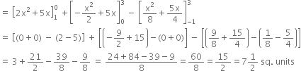 equals space open square brackets 2 straight x squared plus 5 straight x close square brackets subscript 1 superscript 0 space plus open square brackets negative straight x squared over 2 plus 5 straight x close square brackets subscript 0 superscript 3 space minus space open square brackets straight x squared over 8 plus fraction numerator 5 straight x over denominator 4 end fraction close square brackets subscript negative 1 end subscript superscript 3
equals space open square brackets left parenthesis 0 plus 0 right parenthesis space minus space left parenthesis 2 minus 5 right parenthesis close square brackets space plus space open square brackets open parentheses negative 9 over 2 plus 15 close parentheses minus left parenthesis 0 plus 0 right parenthesis close square brackets space minus space open square brackets open parentheses 9 over 8 plus 15 over 4 close parentheses minus open parentheses 1 over 8 minus 5 over 4 close parentheses close square brackets
equals space 3 plus 21 over 2 minus 39 over 8 minus 9 over 8 space equals space fraction numerator 24 plus 84 minus 39 minus 9 over denominator 8 end fraction equals 60 over 8 equals 15 over 2 equals 7 1 half space sq. space units