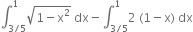 integral subscript 3 divided by 5 end subscript superscript 1 square root of 1 minus straight x squared end root space dx minus integral subscript 3 divided by 5 end subscript superscript 1 2 space left parenthesis 1 minus straight x right parenthesis space dx