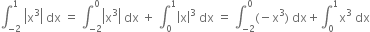 integral subscript negative 2 end subscript superscript 1 space open vertical bar straight x cubed close vertical bar space dx space equals space integral subscript negative 2 end subscript superscript 0 open vertical bar straight x cubed close vertical bar space dx space plus space integral subscript 0 superscript 1 open vertical bar straight x close vertical bar cubed space dx space equals space integral subscript negative 2 end subscript superscript 0 left parenthesis negative straight x cubed right parenthesis space dx plus integral subscript 0 superscript 1 straight x cubed space dx