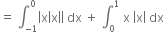 equals space integral subscript negative 1 end subscript superscript 0 open vertical bar straight x open vertical bar straight x close vertical bar close vertical bar space dx space plus space integral subscript 0 superscript 1 space straight x space open vertical bar straight x close vertical bar space dx