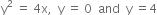 straight y squared space equals space 4 straight x comma space space straight y space equals space 0 space space and space space straight y space equals 4