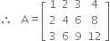 therefore space space space straight A equals open square brackets table row 1 2 3 4 row 2 4 6 8 row 3 6 9 12 end table close square brackets