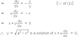 rightwards double arrow space space space space space space space space space dy over dx equals negative straight x over straight y space space space space space space space space space space space space space space space space space space space space space space space space space space space space open square brackets because space of space left parenthesis 1 right parenthesis close square brackets
rightwards double arrow space space space space space space straight y dy over dx space equals space minus straight x
rightwards double arrow space space space space straight x plus straight y dy over dx space equals space 0 space
therefore space space space straight y space equals space square root of straight a squared minus straight x squared end root space is space straight a space solution space of space straight x plus straight y dy over dx space equals space 0.