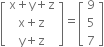 open square brackets table row cell straight x plus straight y plus straight z end cell row cell straight x plus straight z end cell row cell straight y plus straight z end cell end table close square brackets equals open square brackets table row 9 row 5 row 7 end table close square brackets