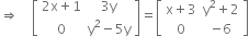 rightwards double arrow space space space space open square brackets table row cell 2 straight x plus 1 end cell cell 3 straight y end cell row 0 cell straight y squared minus 5 straight y end cell end table close square brackets equals open square brackets table row cell straight x plus 3 end cell cell straight y squared plus 2 end cell row 0 cell negative 6 end cell end table close square brackets