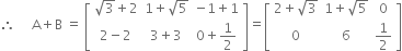 therefore space space space space space straight A plus straight B space equals space open square brackets table row cell square root of 3 plus 2 end cell cell 1 plus square root of 5 end cell cell negative 1 plus 1 end cell row cell 2 minus 2 end cell cell 3 plus 3 end cell cell 0 plus 1 half end cell end table close square brackets equals open square brackets table row cell 2 plus square root of 3 end cell cell 1 plus square root of 5 end cell 0 row 0 6 cell 1 half end cell end table close square brackets