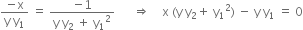 fraction numerator negative straight x over denominator straight y space straight y subscript 1 end fraction space equals space fraction numerator negative 1 over denominator straight y space straight y subscript 2 space plus space straight y subscript 1 squared end fraction space space space space space space rightwards double arrow space space space space straight x space left parenthesis straight y space straight y subscript 2 plus space straight y subscript 1 squared right parenthesis space minus space straight y space straight y subscript 1 space equals space 0