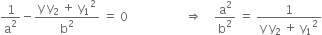 1 over straight a squared minus fraction numerator straight y space straight y subscript 2 space plus space straight y subscript 1 squared over denominator straight b squared end fraction space equals space 0 space space space space space space space space space space space space space space space space space space space rightwards double arrow space space space space straight a squared over straight b squared space equals space fraction numerator 1 over denominator straight y space straight y subscript 2 space plus space straight y subscript 1 squared end fraction