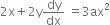 2 straight x plus 2 straight y dy over dx space equals 3 ax squared