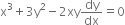 straight x cubed plus 3 straight y squared minus 2 xy dy over dx equals 0