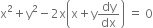 straight x squared plus straight y squared minus 2 straight x open parentheses straight x plus straight y dy over dx close parentheses space equals space 0