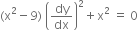 left parenthesis straight x squared minus 9 right parenthesis space open parentheses dy over dx close parentheses squared plus straight x squared space equals space 0