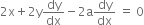 2 straight x plus 2 straight y dy over dx minus 2 straight a dy over dx space equals space 0