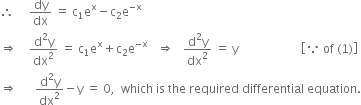 therefore space space space space space dy over dx space equals space straight c subscript 1 straight e to the power of straight x minus straight c subscript 2 straight e to the power of negative straight x end exponent
rightwards double arrow space space space space fraction numerator straight d squared straight y over denominator dx squared end fraction space equals space straight c subscript 1 straight e to the power of straight x plus straight c subscript 2 straight e to the power of negative straight x end exponent space space space rightwards double arrow space space space fraction numerator straight d squared straight y over denominator dx squared end fraction space equals space straight y space space space space space space space space space space space space space space space space space space space space space open square brackets because space of space left parenthesis 1 right parenthesis close square brackets
rightwards double arrow space space space space space space fraction numerator straight d squared straight y over denominator dx squared end fraction minus straight y space equals space 0 comma space space which space is space the space required space differential space equation.