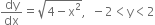 dy over dx equals square root of 4 minus straight x squared end root comma space space minus 2 less than straight y less than 2