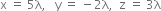 straight x space equals space 5 straight lambda comma space space space straight y space equals space minus 2 straight lambda comma space space straight z space equals space 3 straight lambda